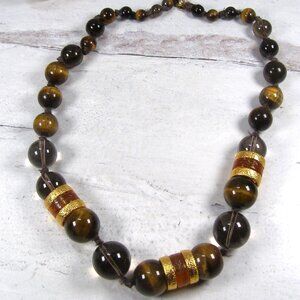 Alexis Bittar Hand Knotted Smoky Quartz Tigers Eye Bead Necklace Citrine